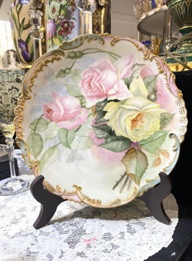 新品法国利摩日手绘玫瑰花赏盘