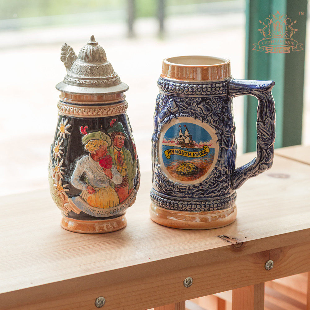 啤酒杯复古超大带盖陶瓷德国手工浮雕彩绘马克杯欧式奢华家居摆件