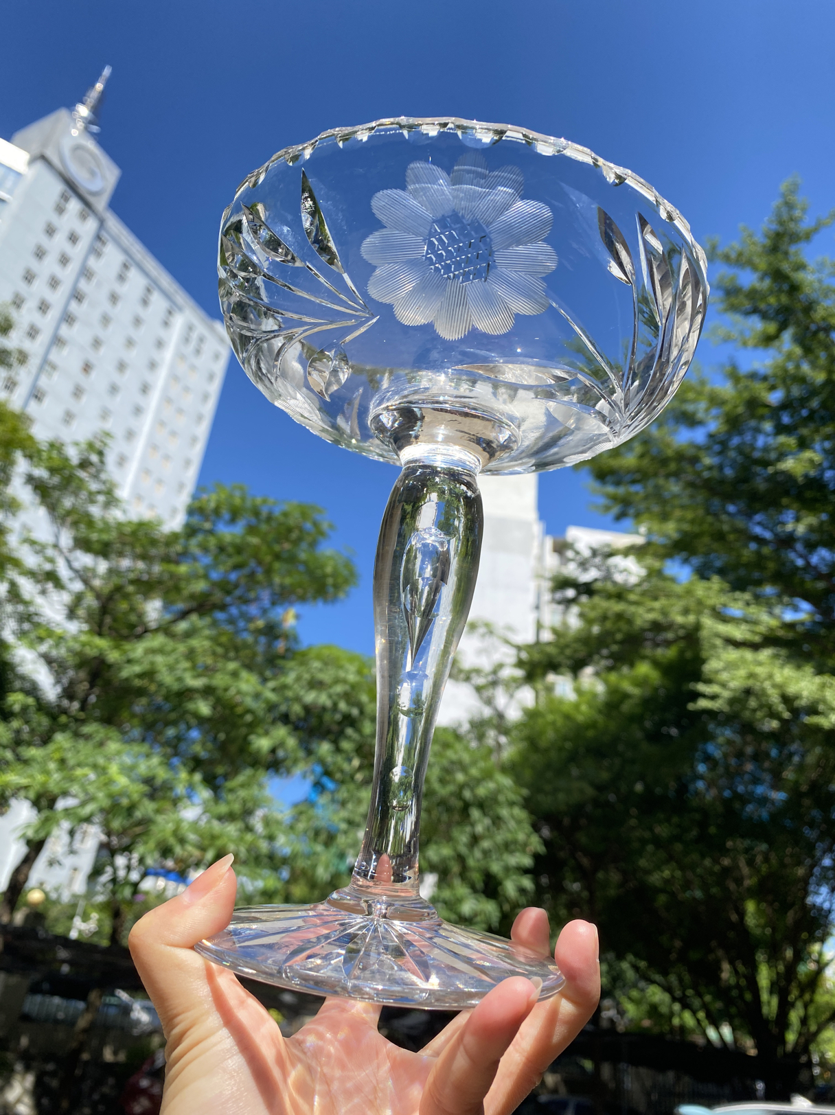 美国辉煌时期手工切割水晶高脚刻花果盘