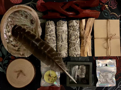 E.G.W鼠尾草净化套盒芳疗植物熏香 鲍鱼壳支架火鸡羽毛蜡烛