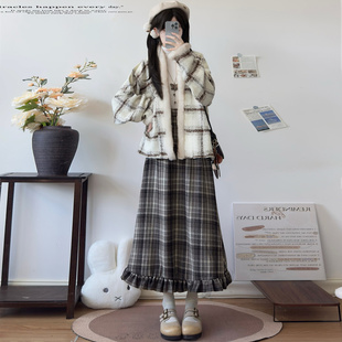 九尘汉服女宋制毛呢飞机袖加厚松紧腰A版方格花边裙秋冬日常清新