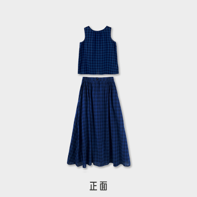 Miss couleur复古两色格子裙套装无袖上衣半身裙两件套MC010