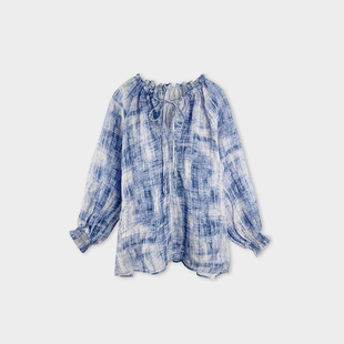 Miss couleur高级感宽松苎麻上衣复古蓝色晕染衬衫MC004等跑单