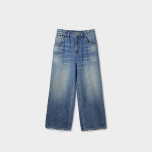 Miss couleur复古蓝九分阔腿牛仔裤宽松显瘦毛边休闲直筒裤MC002