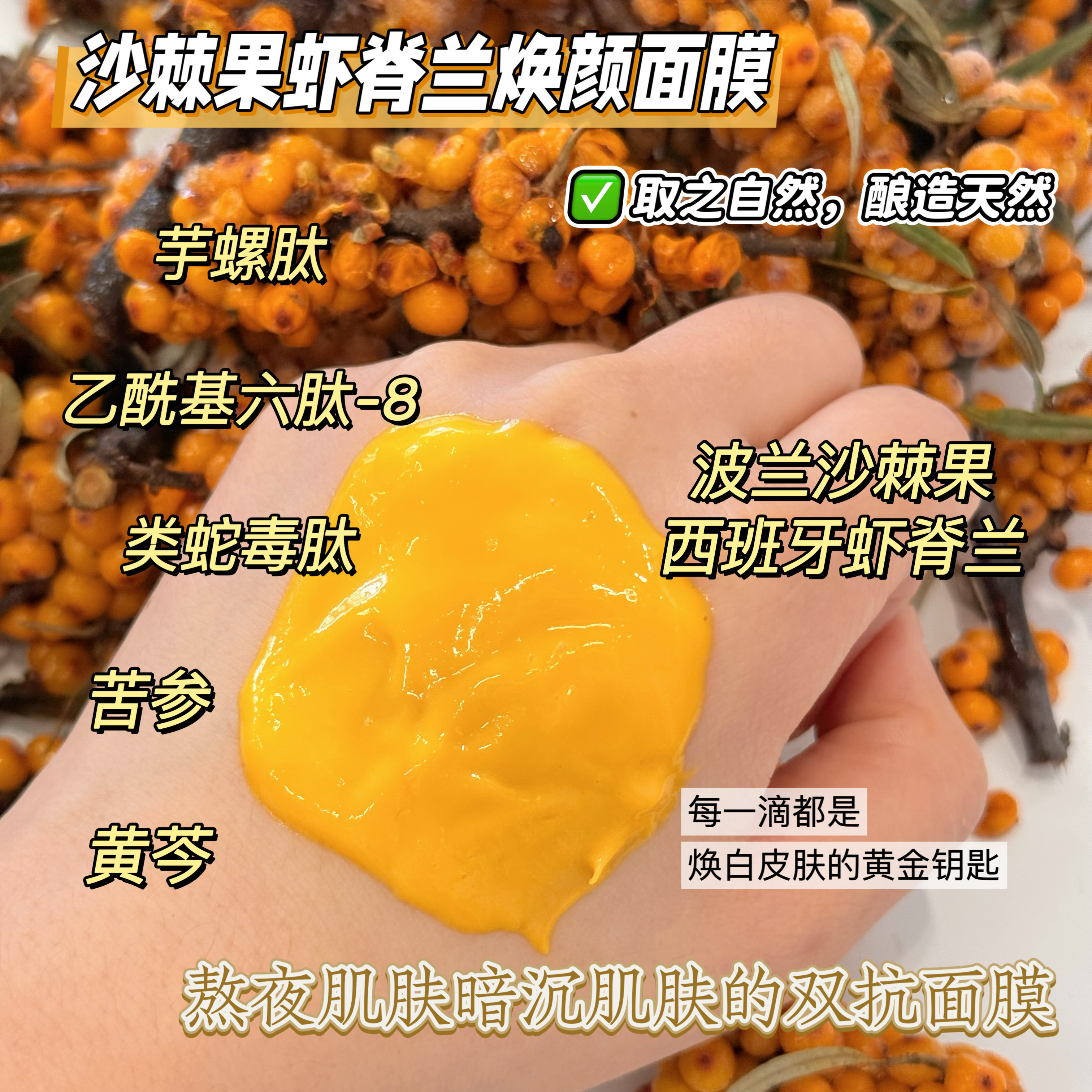黑黄皮双抗面膜 沙棘果虾脊兰焕颜面膜 夜间焕亮亢老 去黄亢糖化