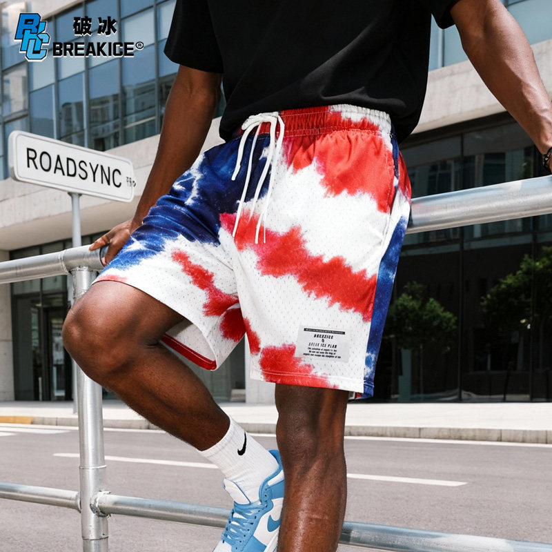 bkcxzice破冰正品国潮扎染美式短裤男四分球裤宽松撞色运动篮球裤
