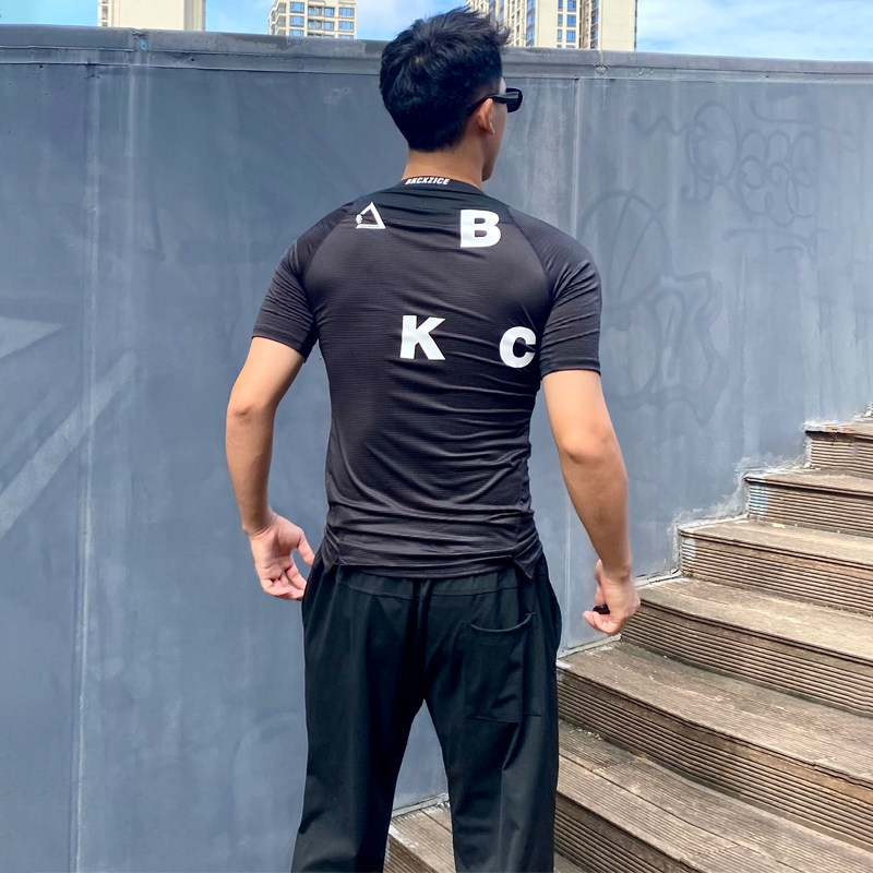 破冰正品修身弹力运动t恤短袖男鲨鱼纹提花瑜伽健身服紧身速干衣