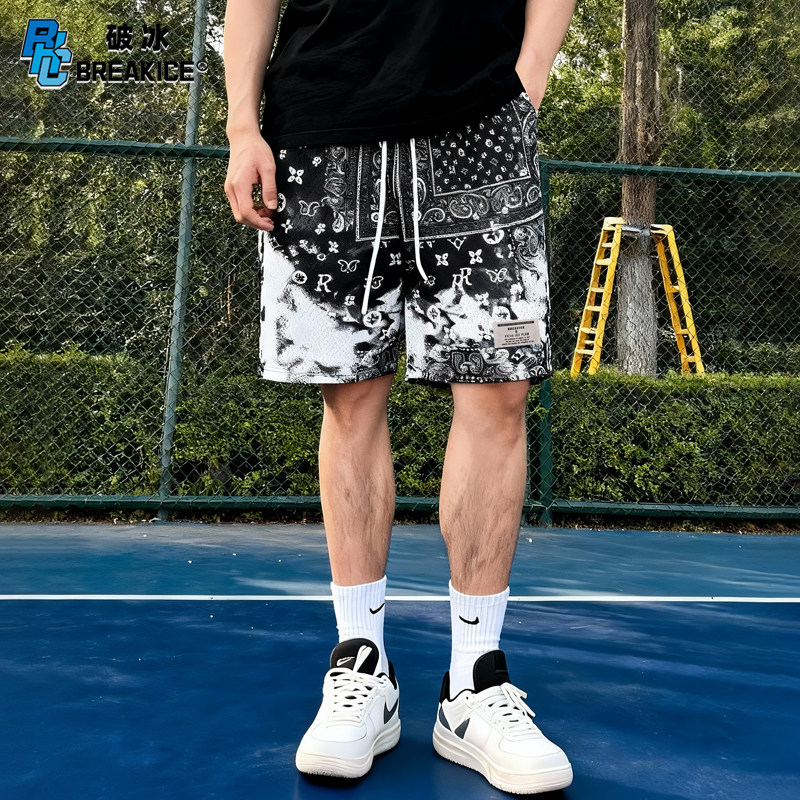 bkcxzice破冰美式扎染腰果花四分裤男不过膝短裤透气运动篮球短裤