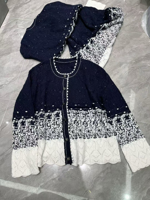 2025秋季时尚满天星亮闪闪拼色羊毛针织开衫女宽松显瘦毛衣外套潮