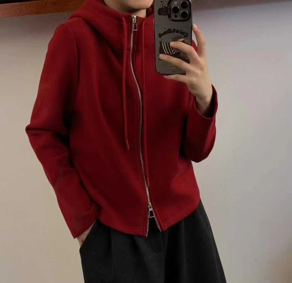 韩系休闲红色加绒太空棉连帽卫衣女秋冬拉链开衫宽松保暖百搭外套