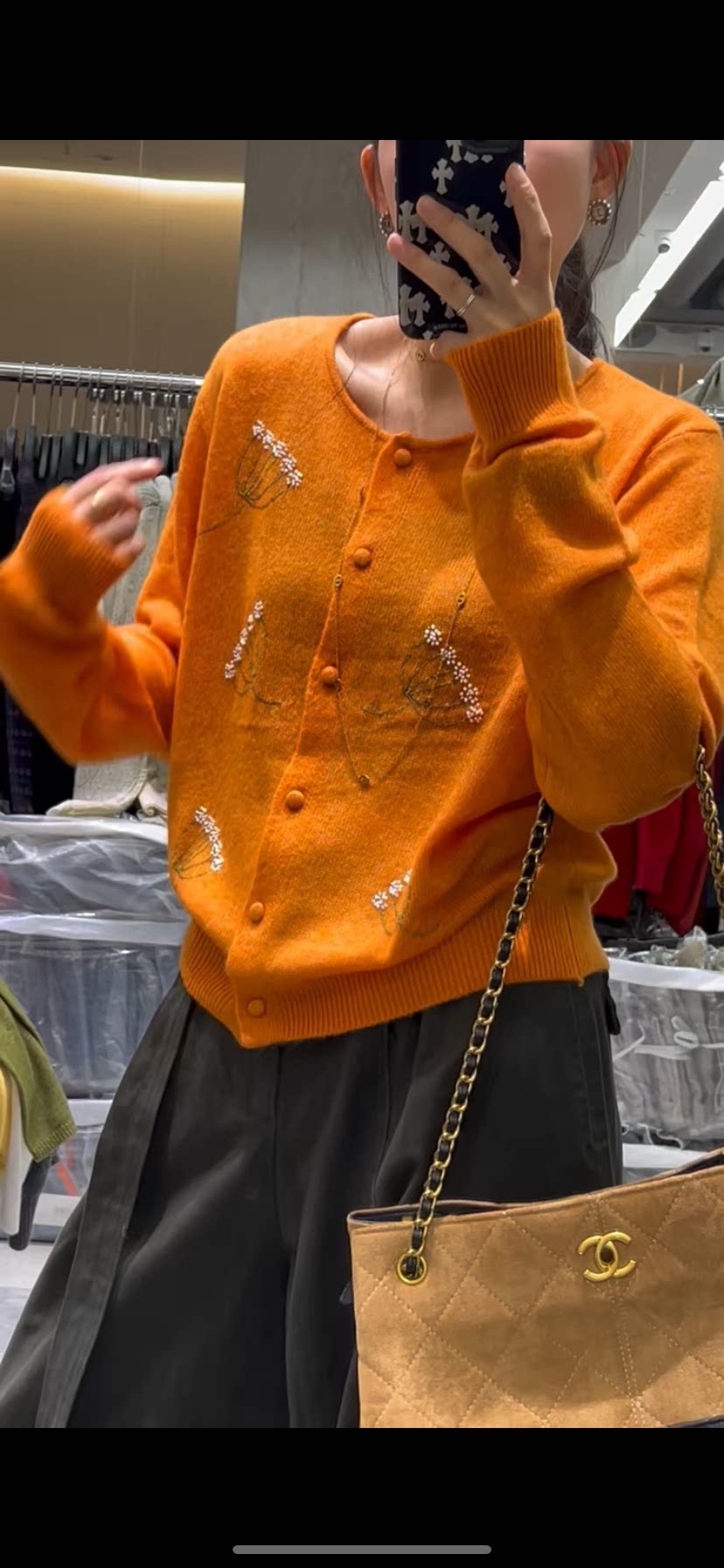 秋法式优雅橘色钉珠花朵羊毛针织毛针织衫