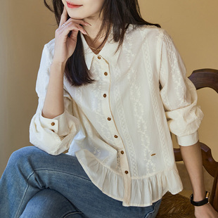 厂家直销绣花长袖 衬衫 文艺清新甜美翻领单排扣纯色百搭宽松开衫