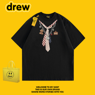 drew美式潮牌趣味领带明星同款印花短袖T恤男女宽松休闲情侣上衣