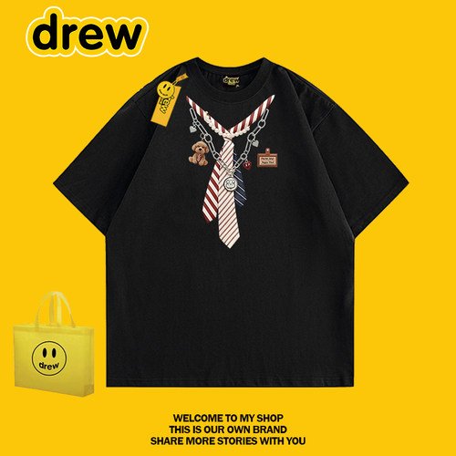 drew潮牌领带印花短袖情侣T恤