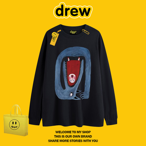 drew美式潮牌卡通长袖情侣T恤