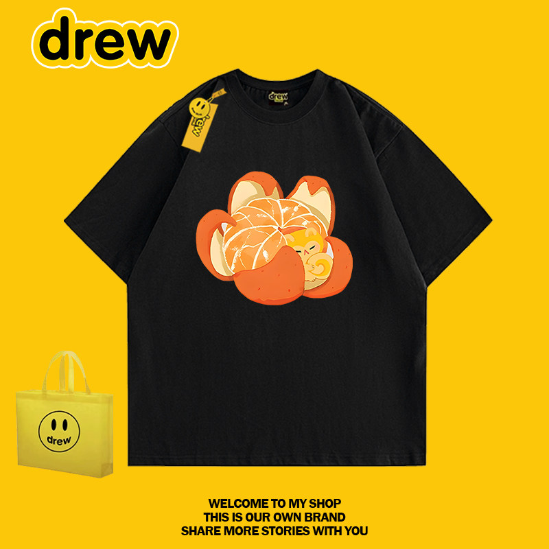 drew美式潮牌橙子猫咪印花短袖T恤男女宽松情侣百搭上衣