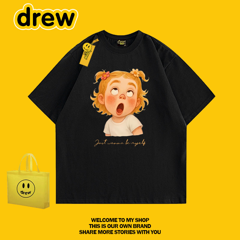 Drew美式爱谁谁女孩卡通印花短袖T恤男女黑色宽松百搭情侣装