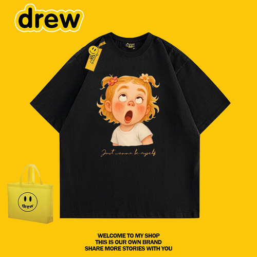 Drew卡通黑色宽松短袖情侣T恤