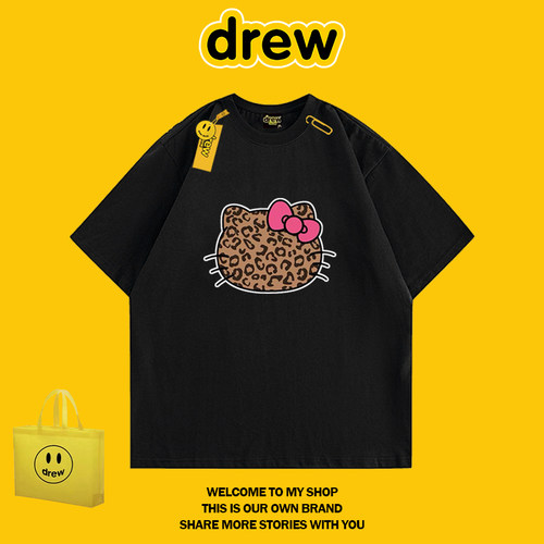 DREW HUSSRY美式潮牌豹纹HelloKitty纯棉短袖t恤男女街头情侣上衣