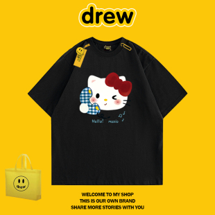 DREW HUSSRY 时尚美式潮牌KT猫卡通纯棉短袖t恤男女情侣短袖