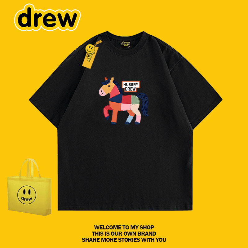 drew 美式潮牌童趣撞色独角马印花短袖纯棉T恤男女宽松情侣上衣
