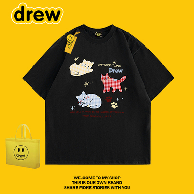drew卡通猫咪印花纯棉宽松T恤
