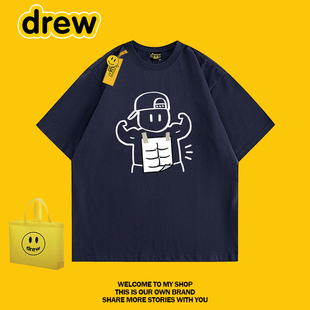 Drew潮牌趣味腹肌男孩印花T恤男女宽松纯棉情侣百搭短袖 INS