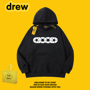DREW美式潮牌笑脸印花连帽卫衣秋冬加绒宽松男女情侣帽衫套头衫