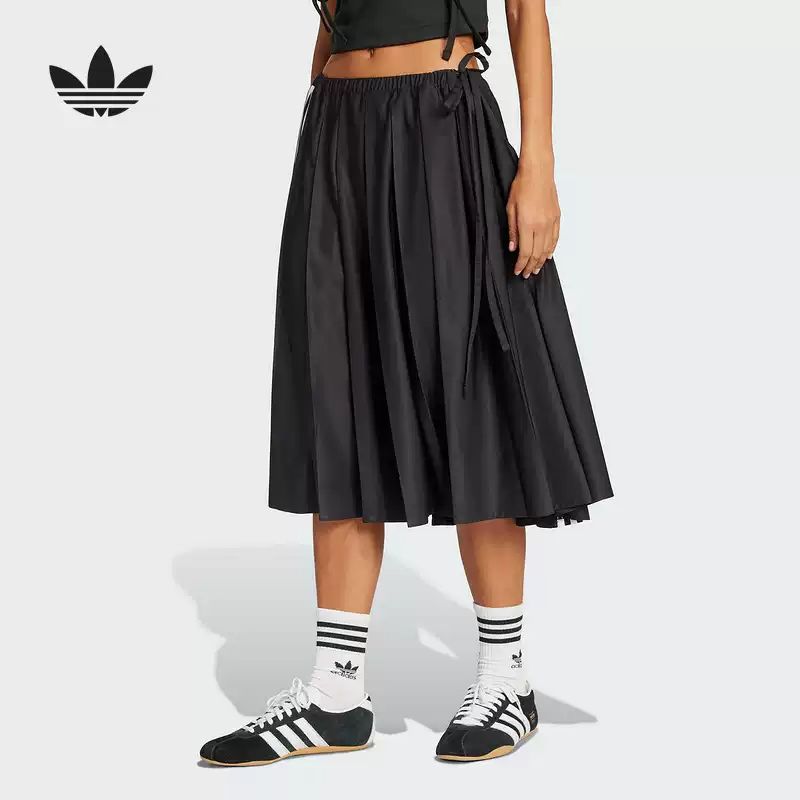 adidas阿迪达斯三叶草新款女经典百褶运动半身裙三条纹长裙JW0114