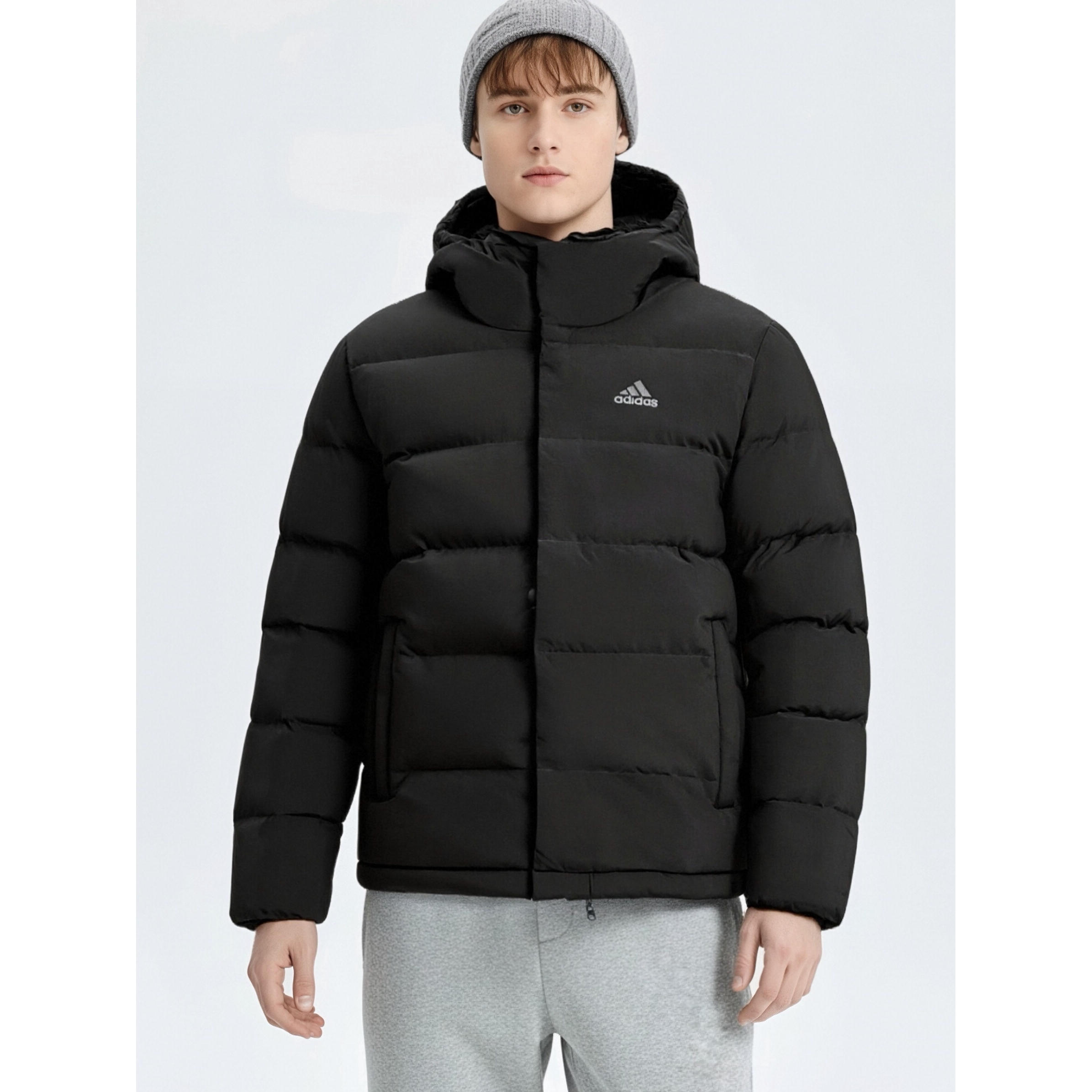 adidas阿迪达斯男款连帽黑色纯色长袖保暖面包运动风羽绒服KE5404
