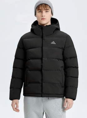 adidas阿迪达斯男款连帽黑色纯色长袖保暖面包运动风羽绒服KE5404