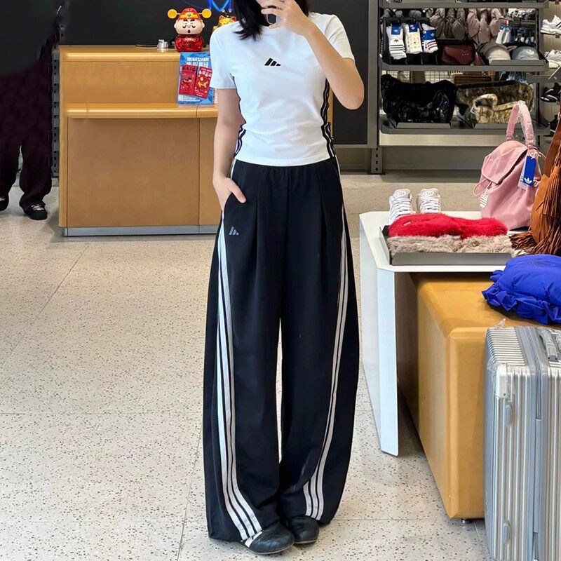 正品阿迪达斯裤子女款春季新款直筒显瘦运动阔腿裤宽松休闲长裤