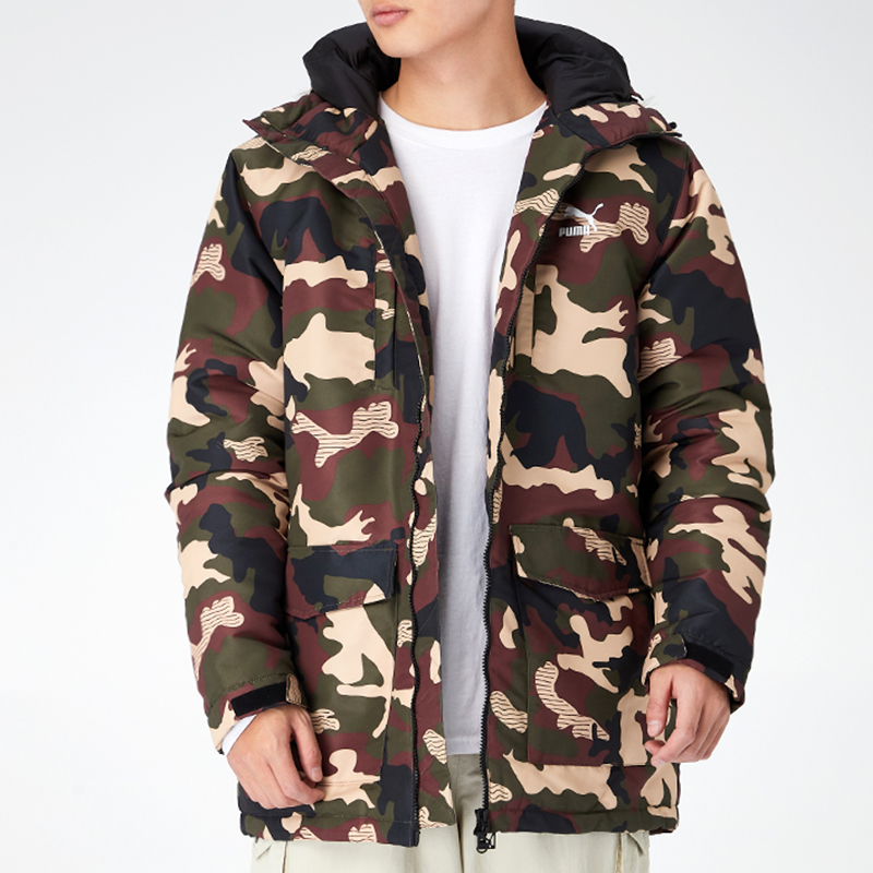 PUMA彪马迷彩服外套男装2025冬季新款棉服连帽保暖棉衣596546-70