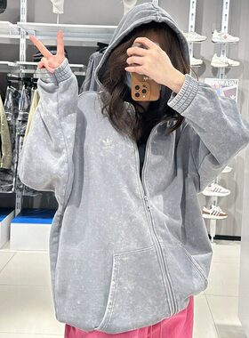 正品Adidas阿迪达斯三叶草外套女复古做旧运动休闲连帽夹克IY8039