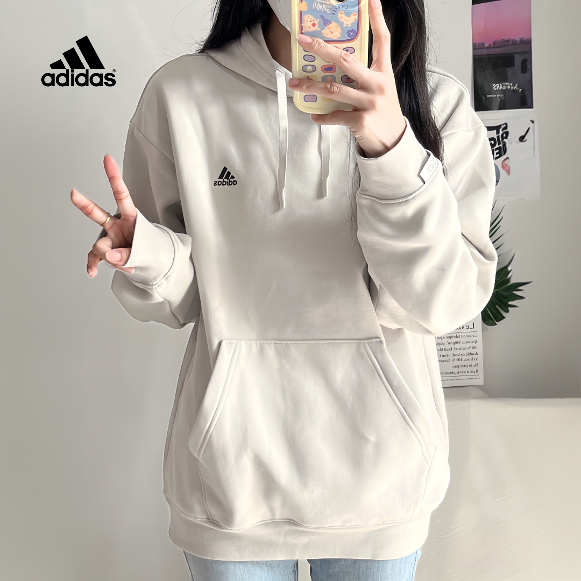 Adidas/阿迪达斯正品卫衣情侣同款小LOGO纯色休闲加厚连帽套头衫