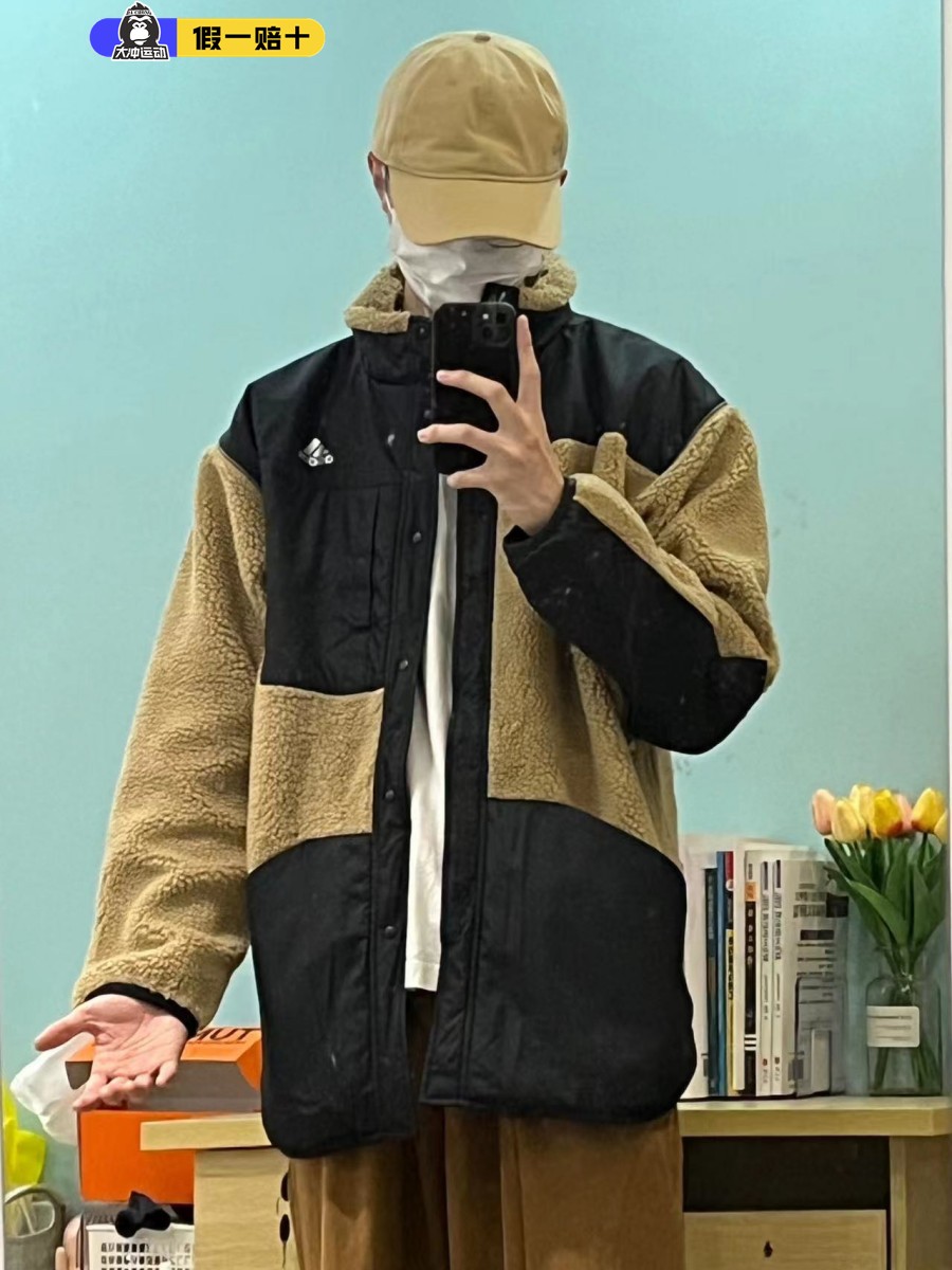 立领阿迪达斯男保暖夹克羊羔绒