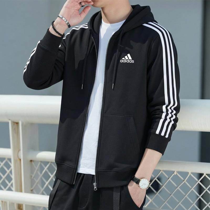 阿迪达斯连帽外套男开衫秋季新款三条纹运动男士休闲篮球防风上衣
