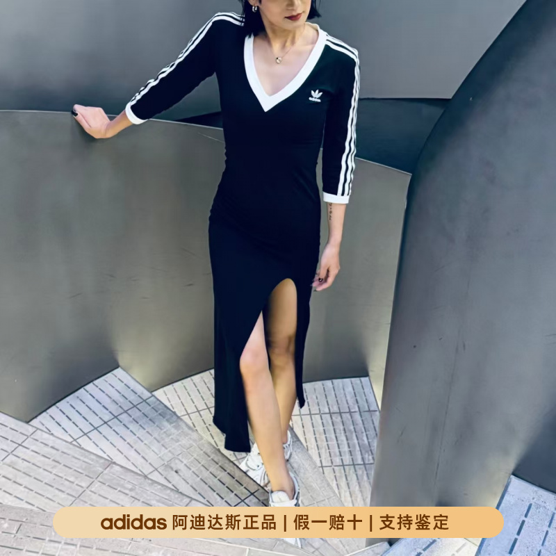 三叶草新款复古V领长袖连衣裙