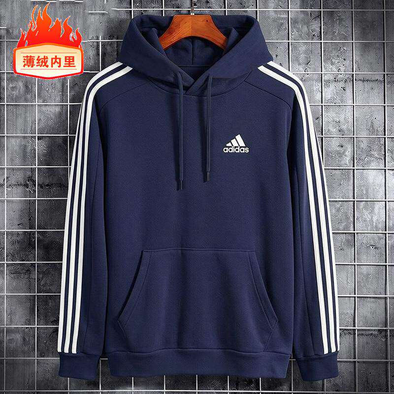 Adidas阿迪达斯卫衣男秋季加绒连帽衫宽松复古三条纹保暖篮球外套