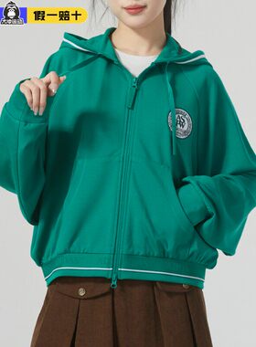 阿迪达斯外套女24春季新款梭织休闲运动服绿色连帽夹克衫JE3604