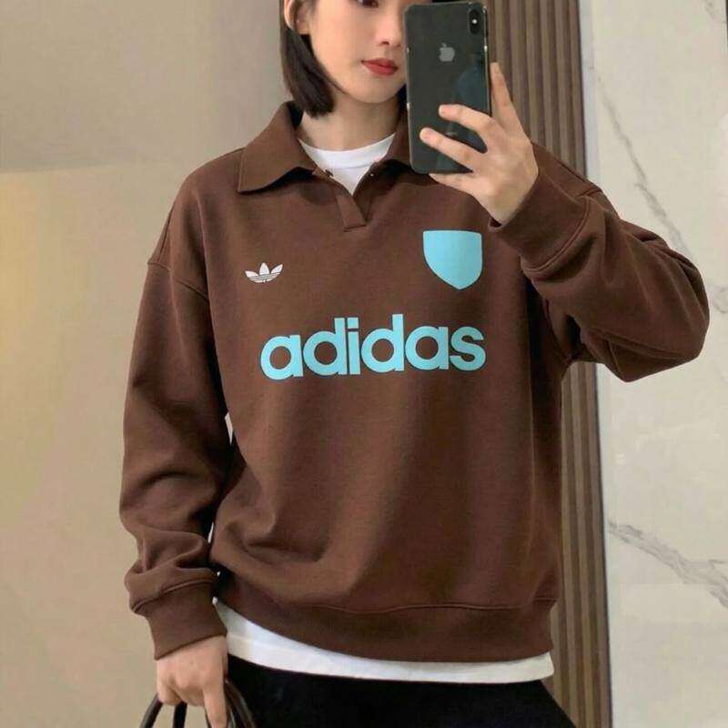 Adidas阿迪达斯卫衣女秋季防风翻领休闲美式复古宽松针织纯棉上衣