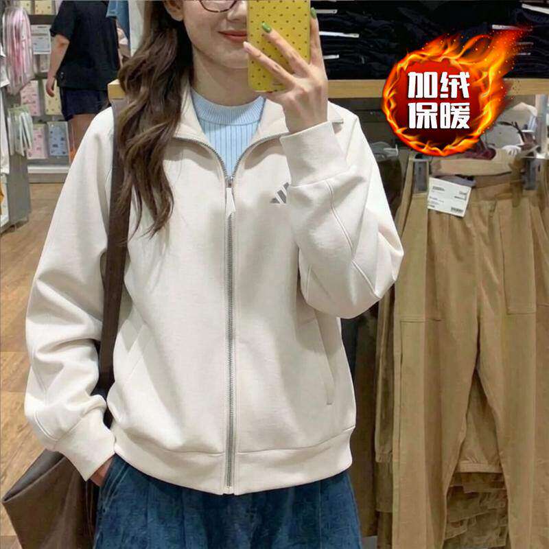 Adidas阿迪达斯加绒加厚外套女秋新款复古宽松运动服韩版保暖夹克