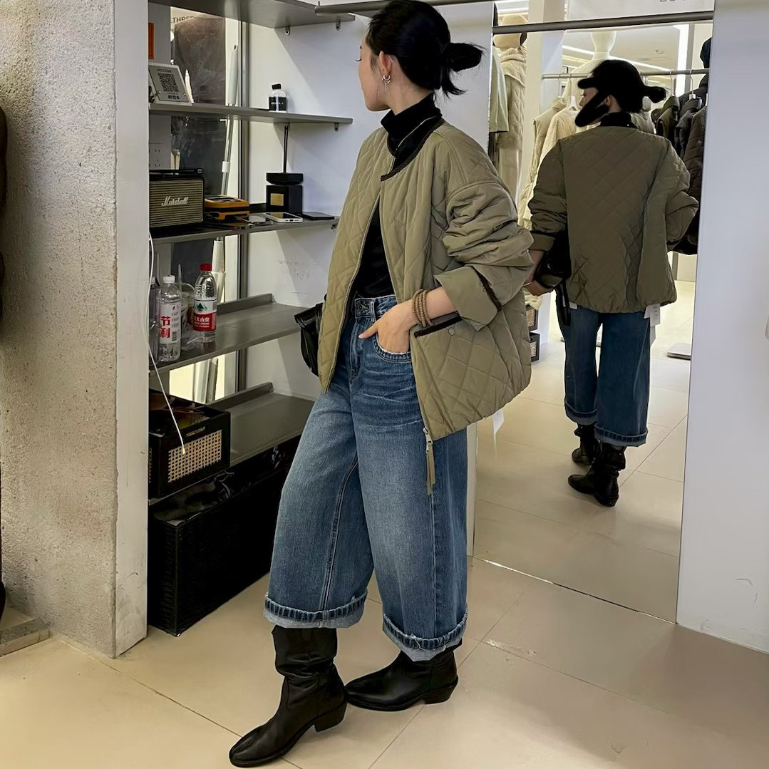 LOUISA.S2025冬季新款菱格圆领大口袋设计宽松显瘦棉服外套28238