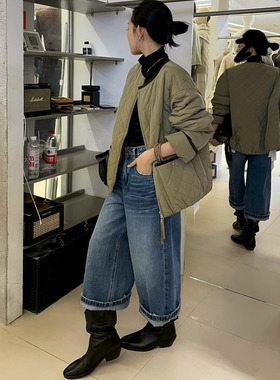 LOUISA.S2025冬季新款菱格圆领大口袋设计宽松显瘦棉服外套28238