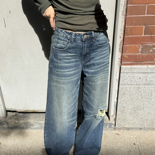 IN.CHOOSE U笑笑家 韩版破洞高级洗水阔腿直筒牛仔裤常规版 82032