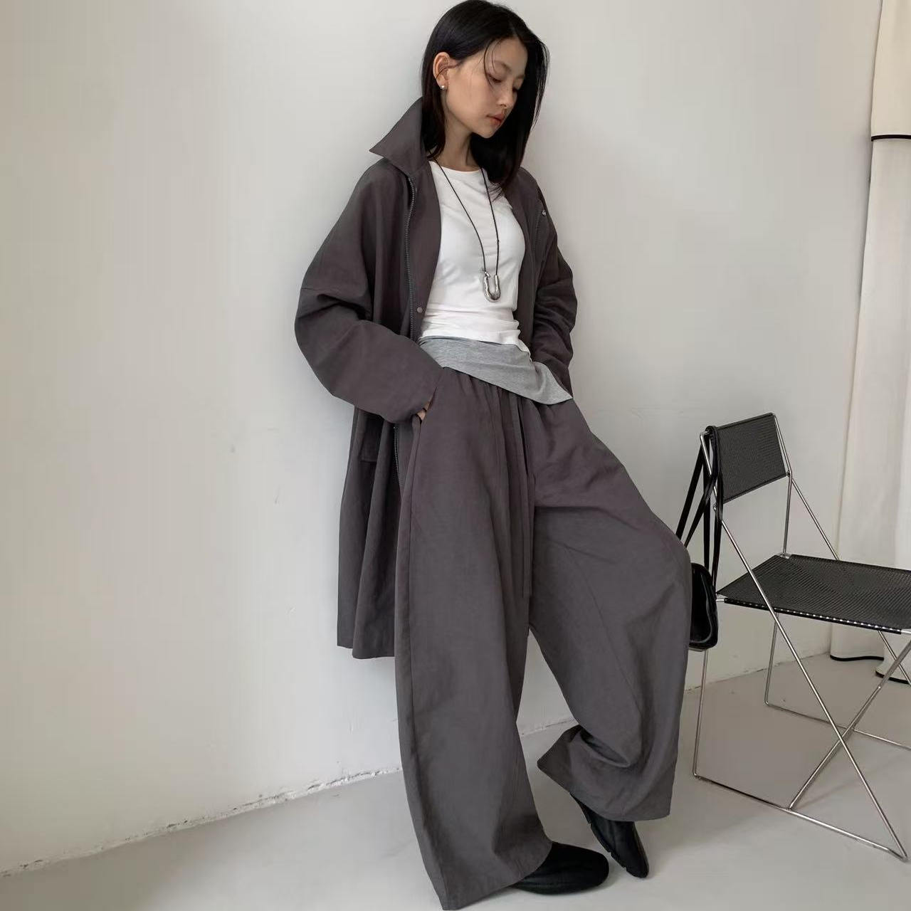 立领宽松中长款风衣外套