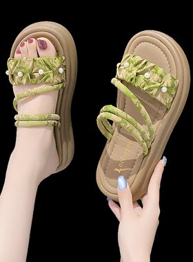 法式绝美凉拖鞋女外穿2025新款夏配裙子两穿厚底增高时装绿色凉鞋