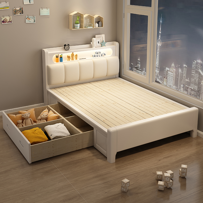 儿童实木床1米1.2/1.35/1.5/1.8m箱式储物抽屉液压收纳白色单人床