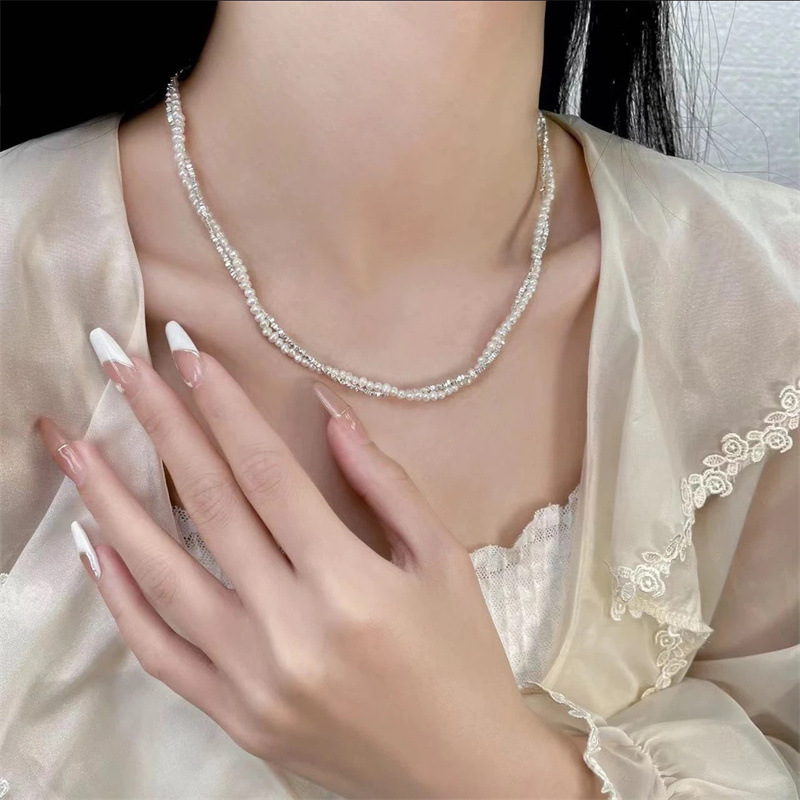 s925银珍珠双项链手链东大门双层淡水巴洛克珍珠麻花碎银几两