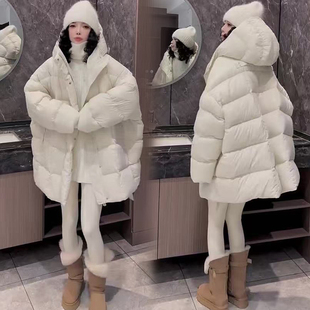 韩系高级感气质连帽2025羽绒服女冬季新款小个子中长款白鸭绒外套